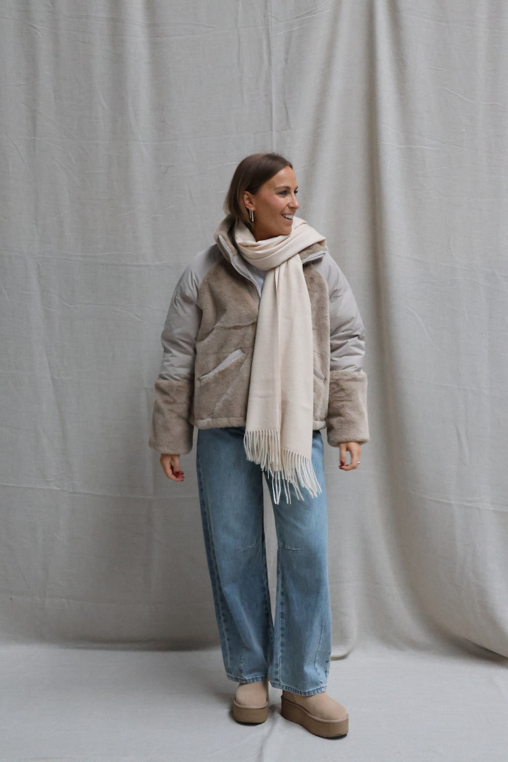 Faux fur padded jacket beige