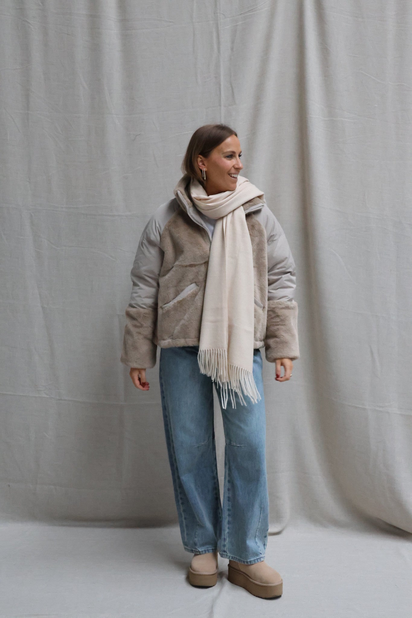 Faux fur padded jacket beige