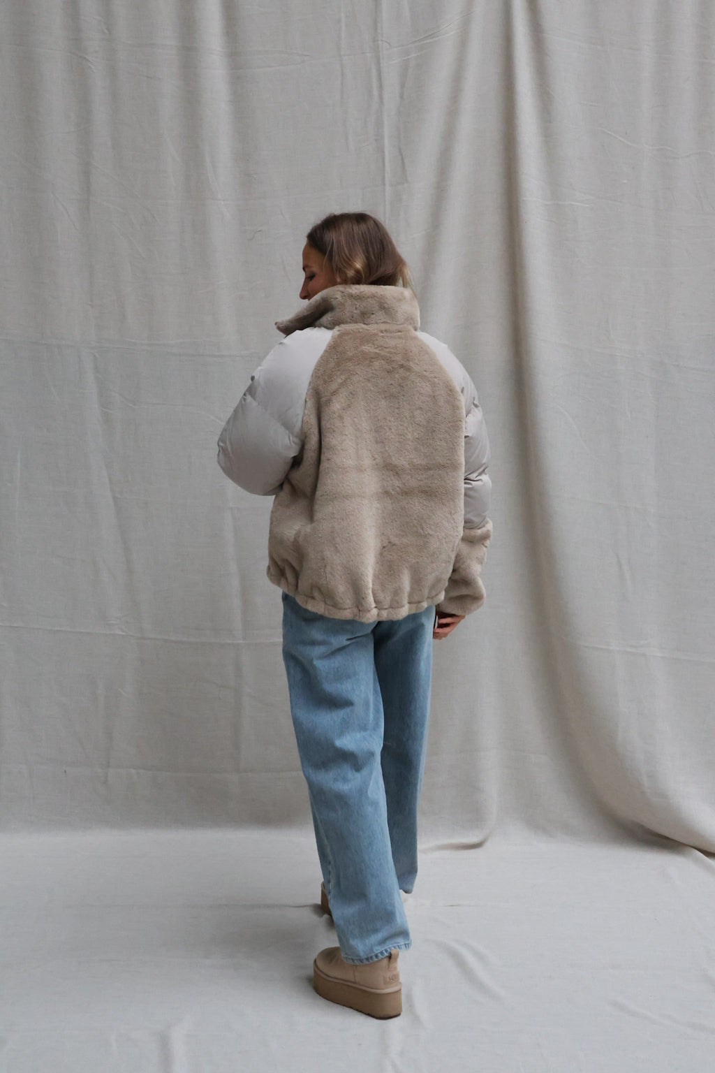 Faux fur padded jacket beige