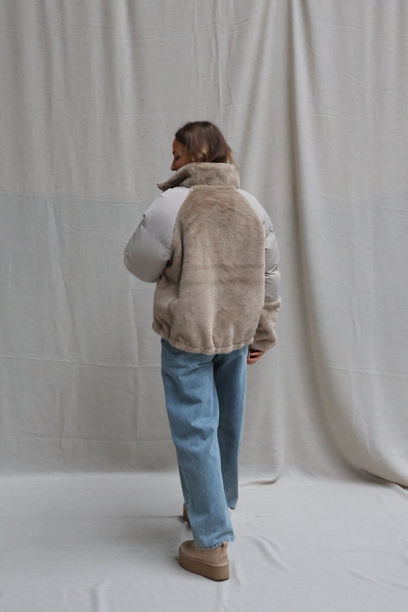 Faux fur padded jacket beige