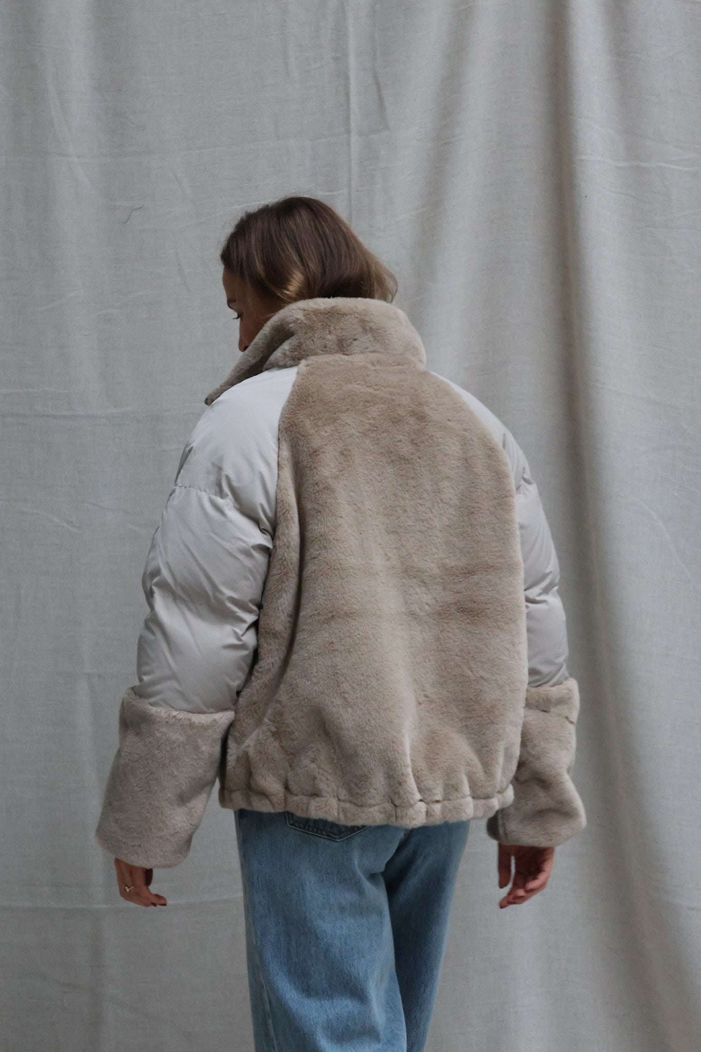 Faux fur padded jacket beige