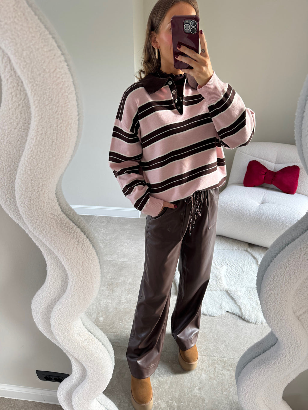 Bieke striped polo brown/pink