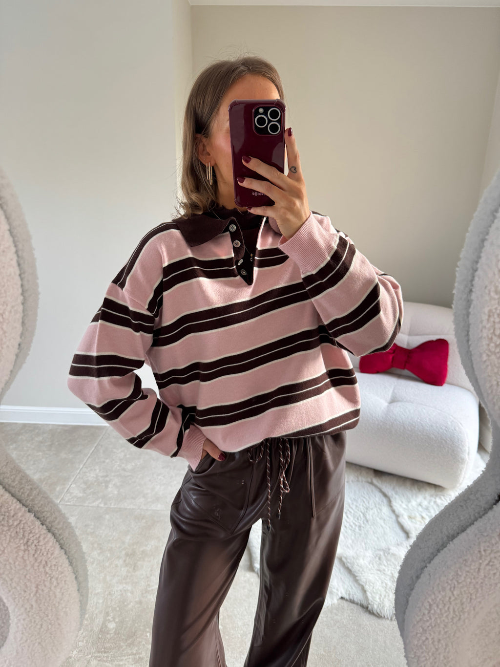 Bieke striped polo brown/pink