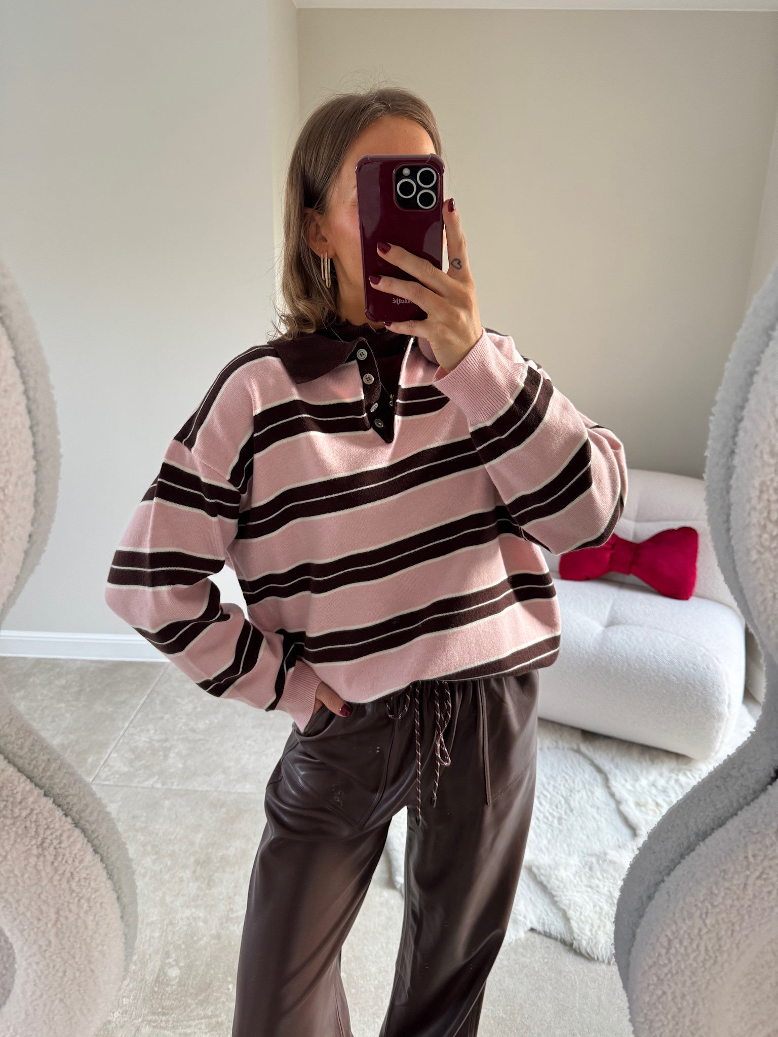 Bieke striped polo brown/pink