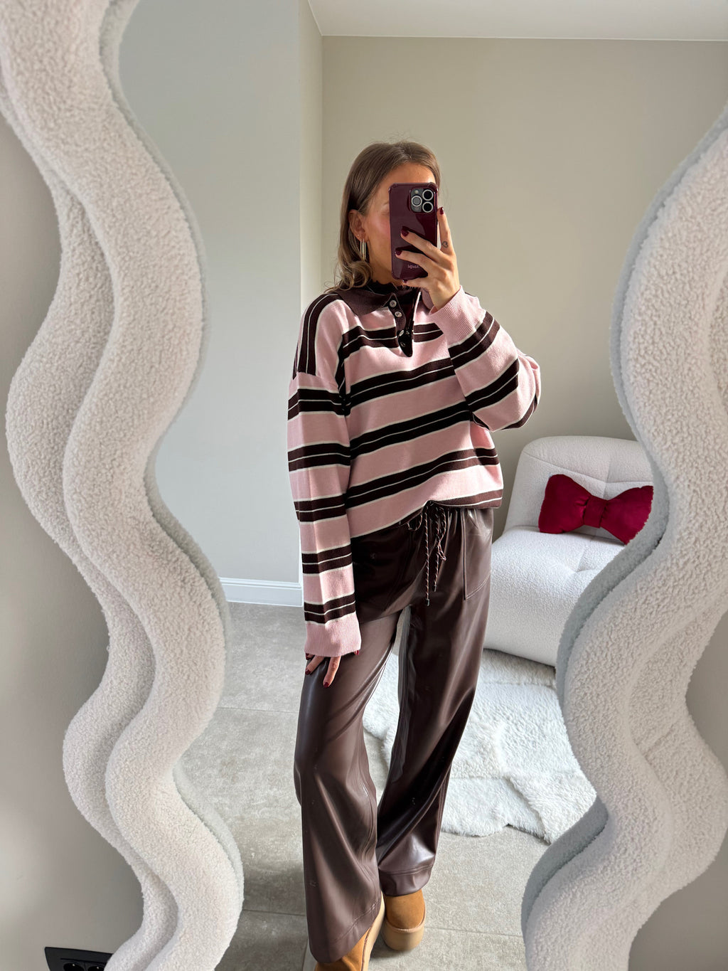 Bieke striped polo brown/pink