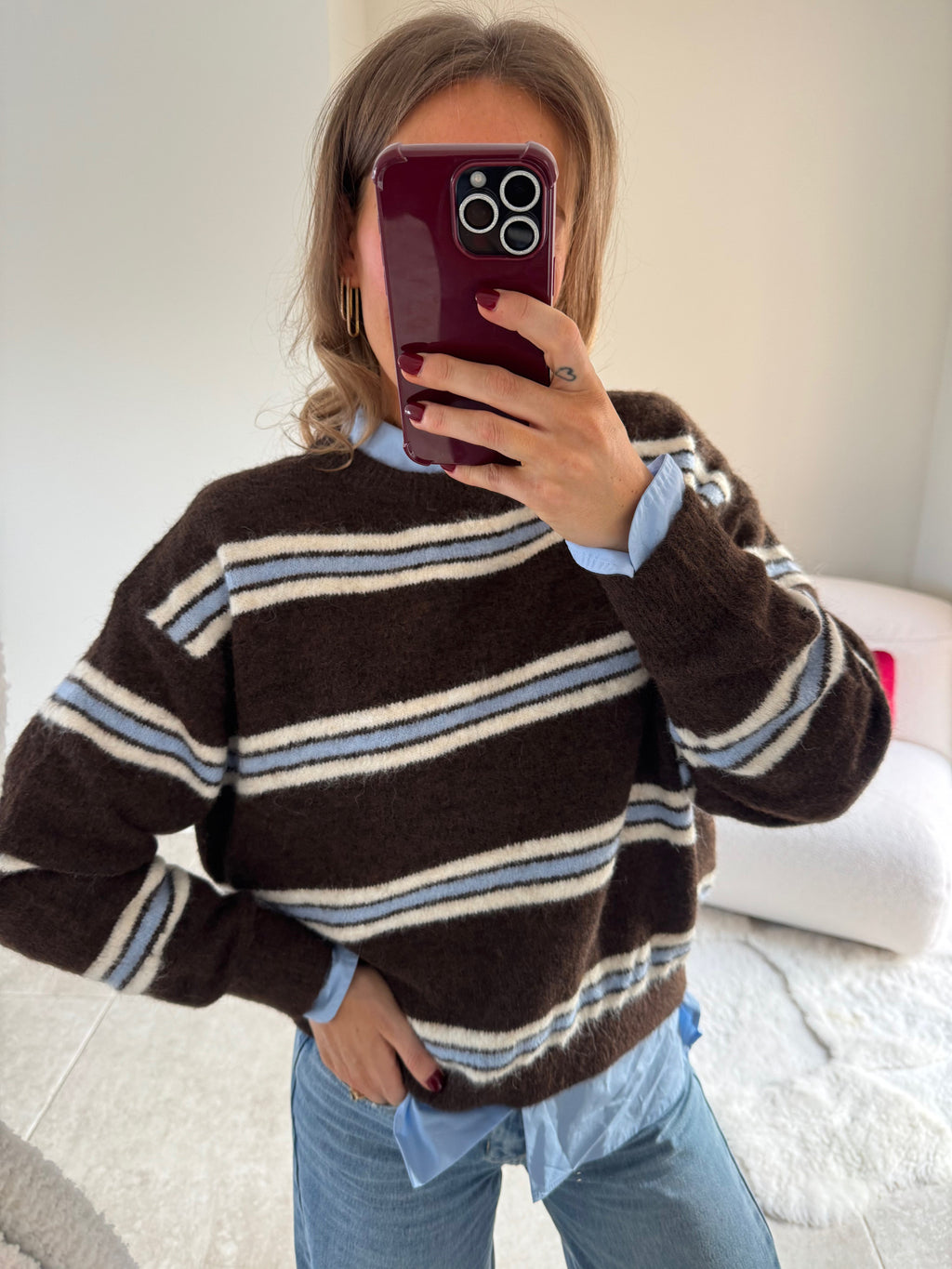 Mila gestreepte trui blauw/bruin