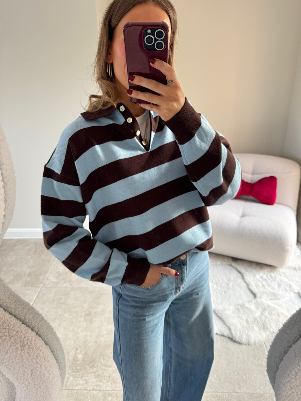 Ella polo trui bruin/blauw