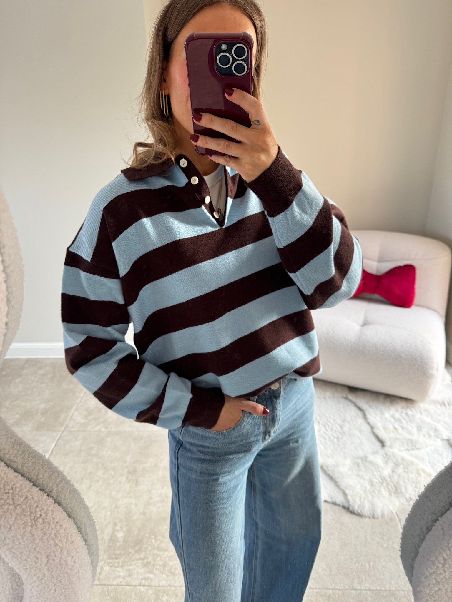 Ella polo trui bruin/blauw