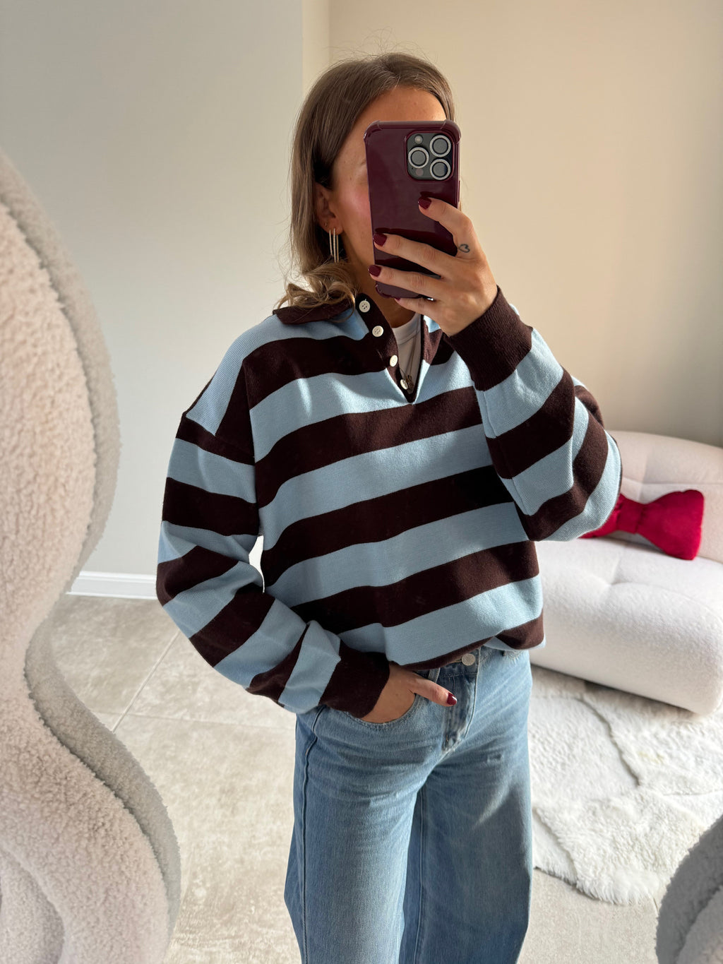 Ella polo trui bruin/blauw