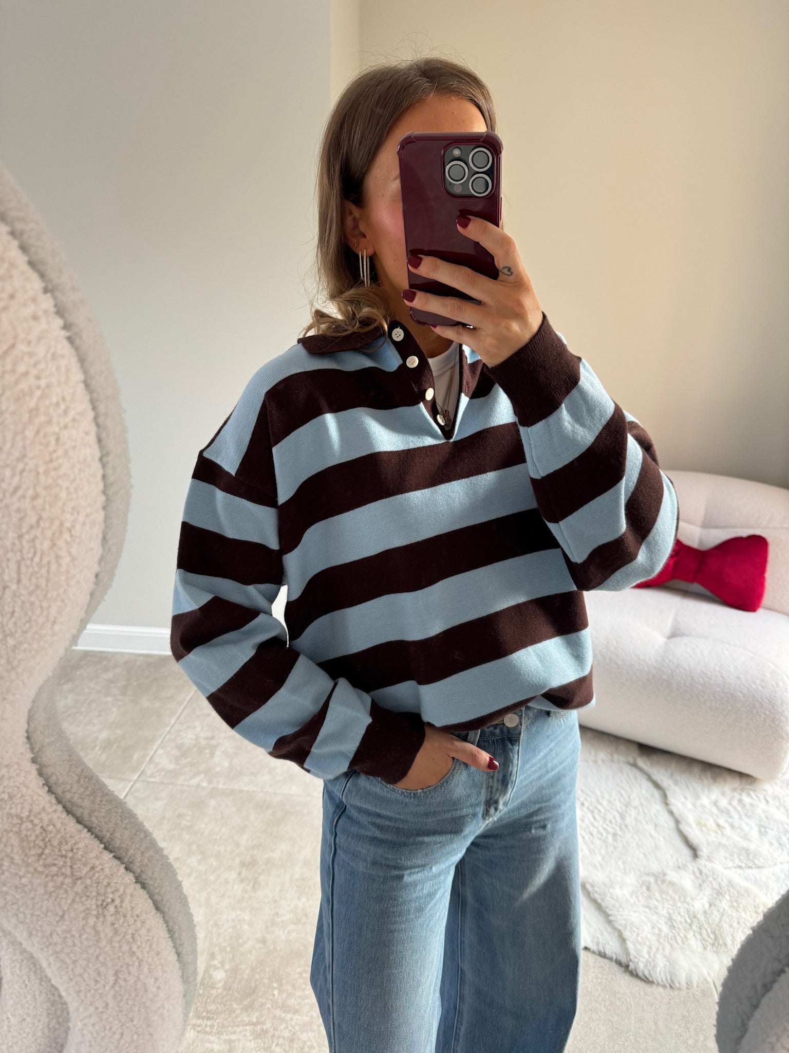 Ella polo trui bruin/blauw