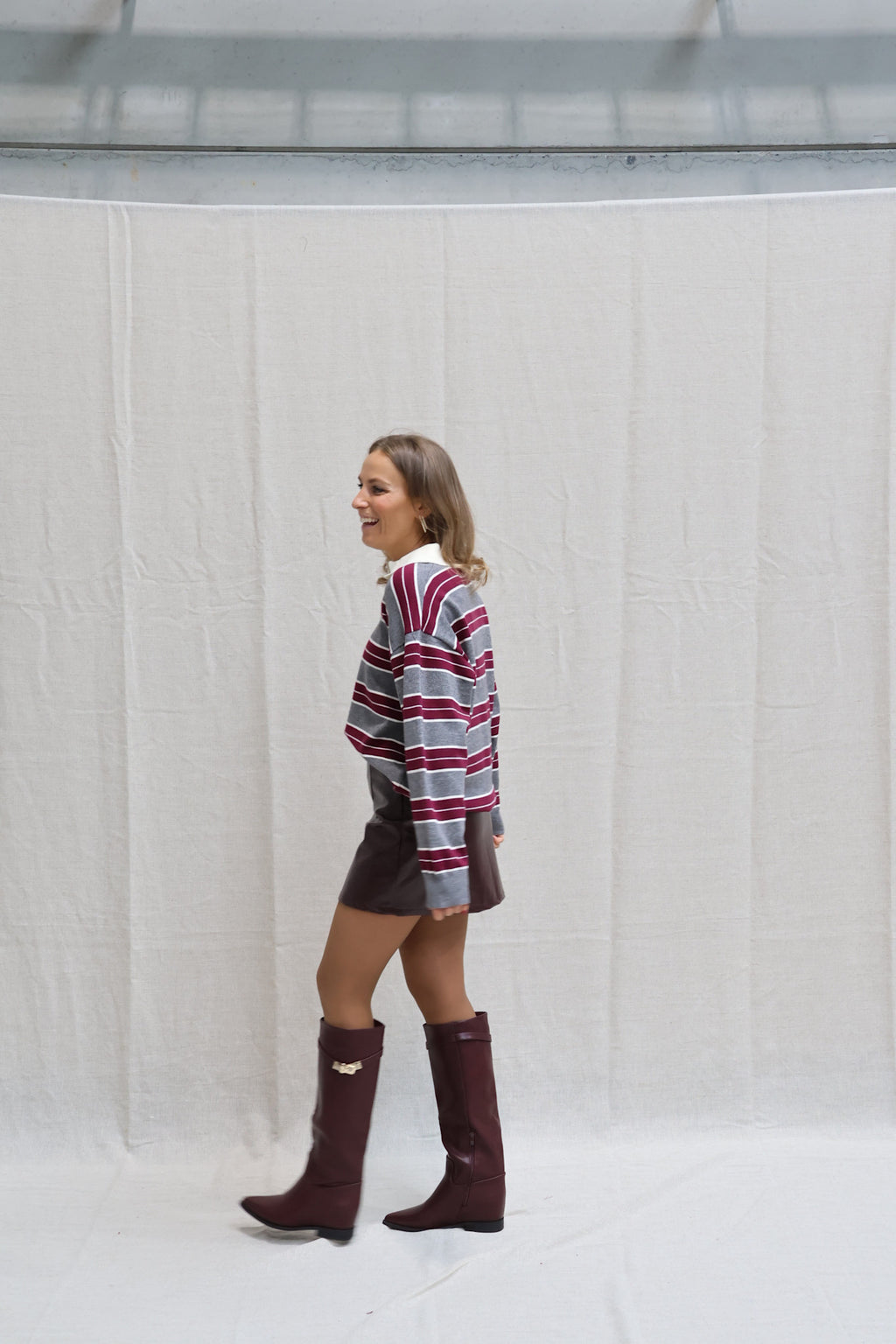 Bieke striped polo grey/burgundy