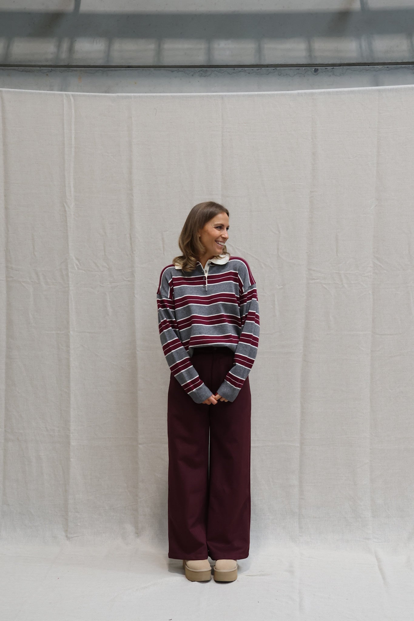 Bieke striped polo grey/burgundy