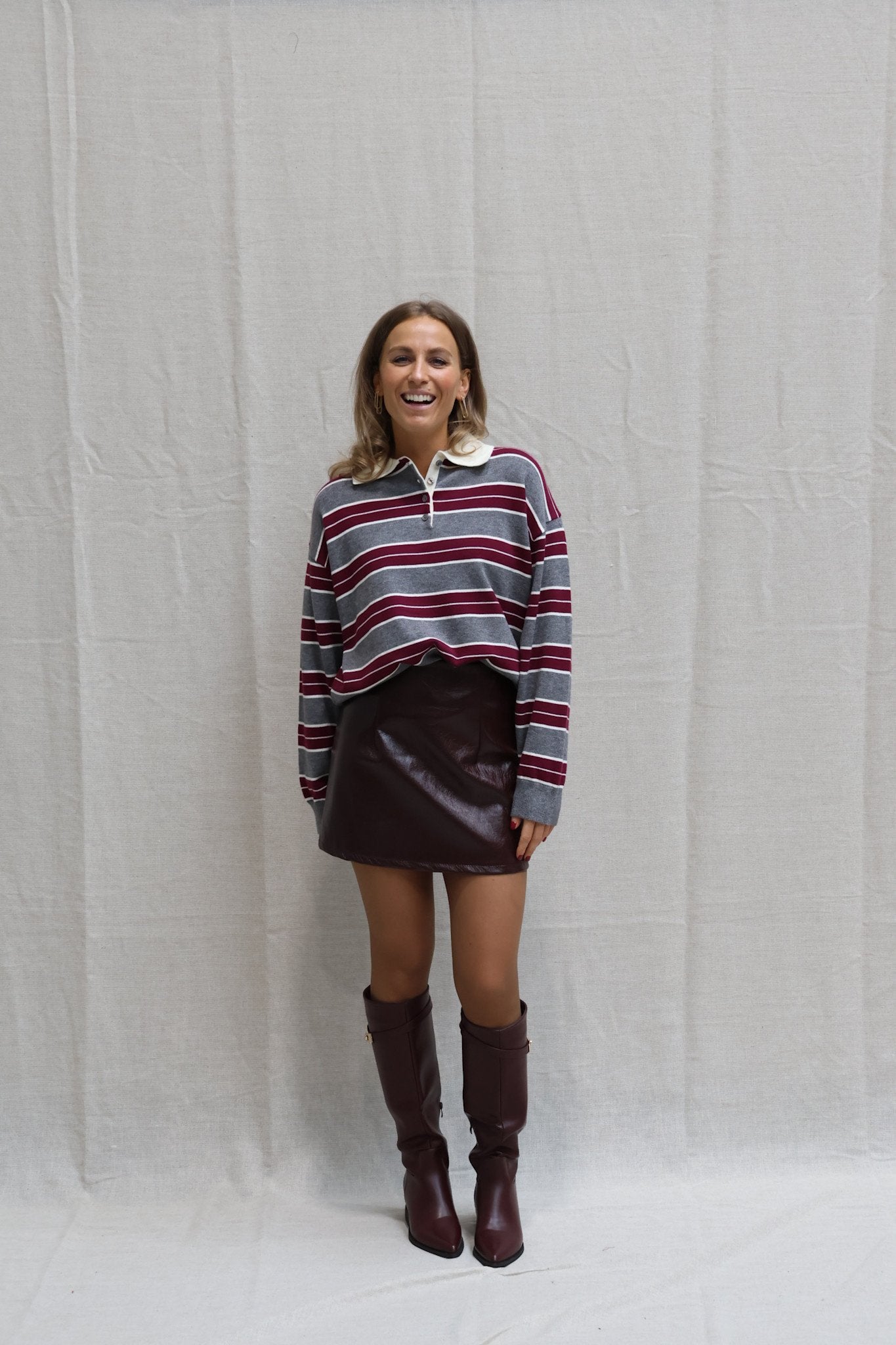 Bieke striped polo grey/burgundy