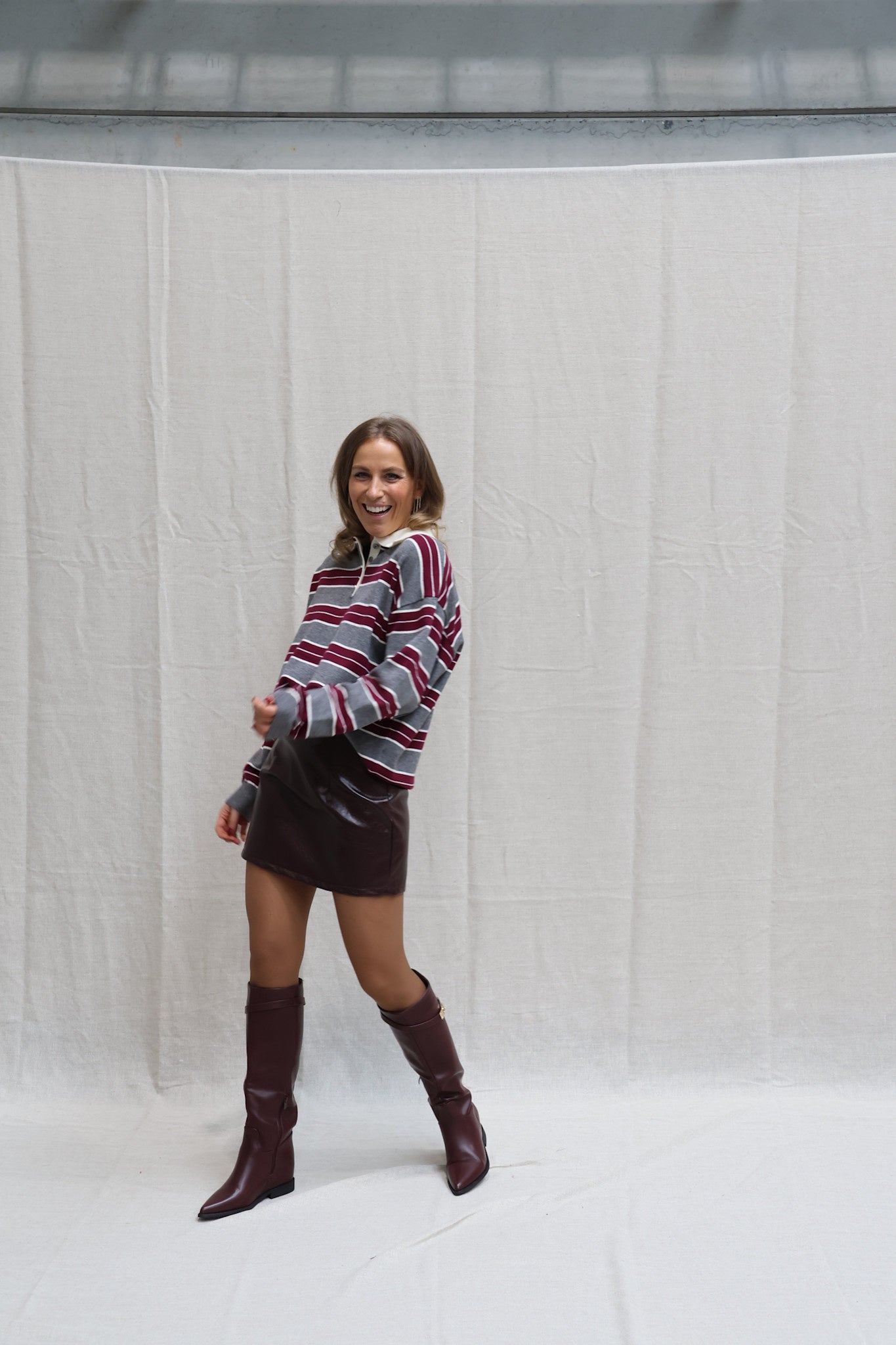 Bieke striped polo grey/burgundy