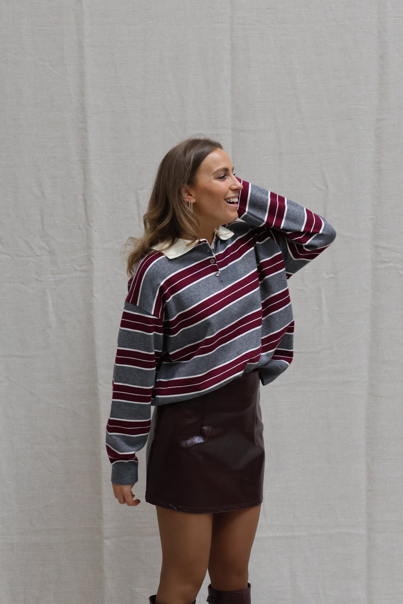 Bieke striped polo grey/burgundy