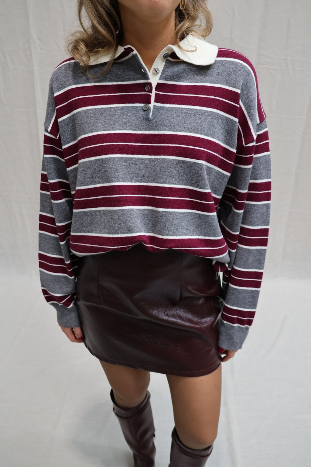 Bieke striped polo grey/burgundy