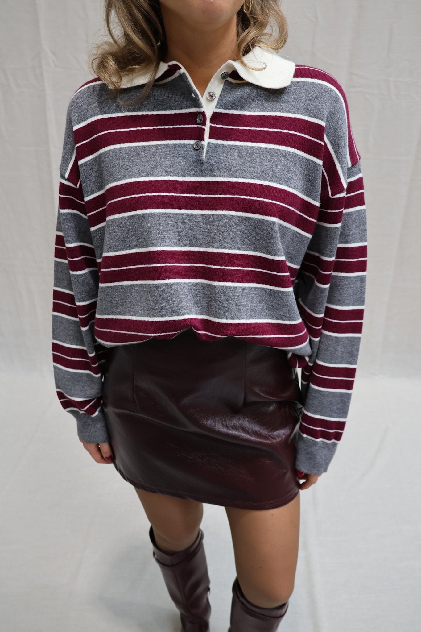 Bieke striped polo grey/burgundy