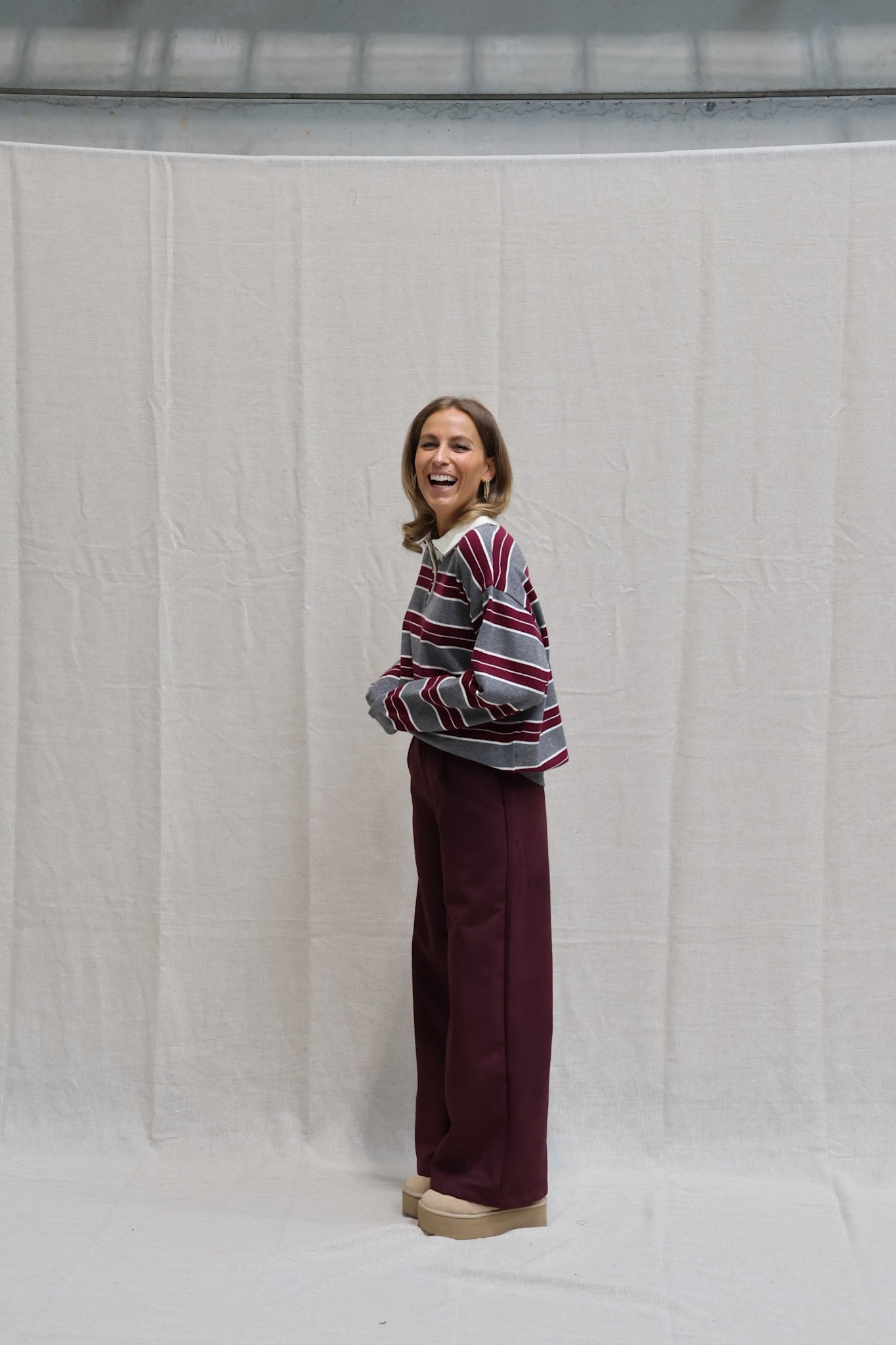 Bieke striped polo grey/burgundy