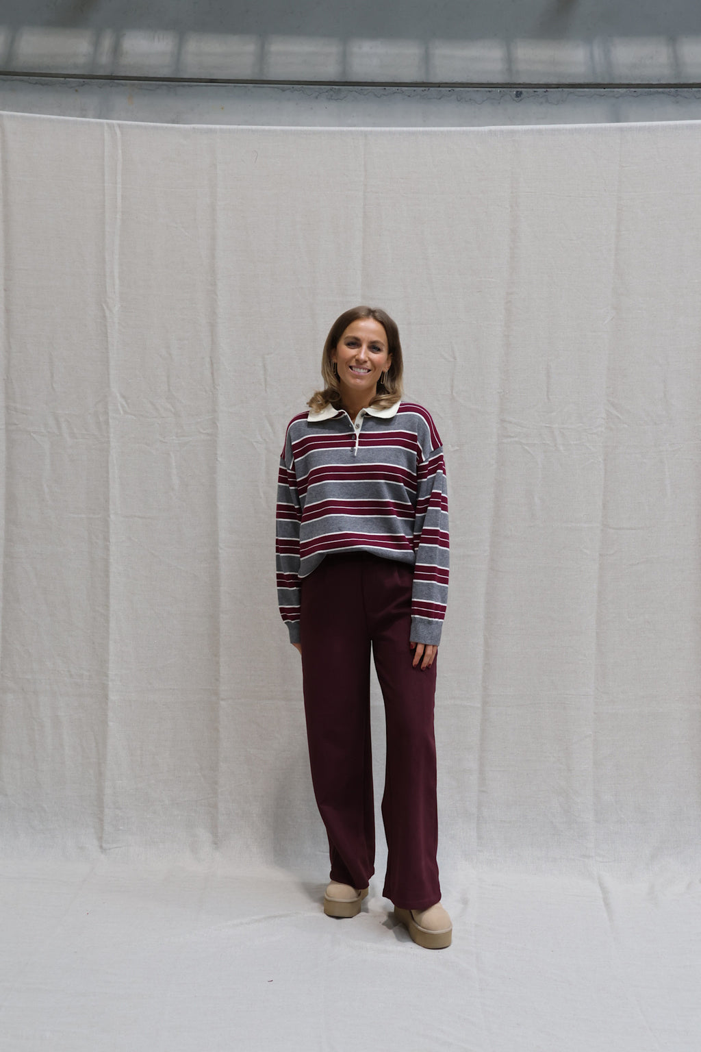 Bieke striped polo grey/burgundy