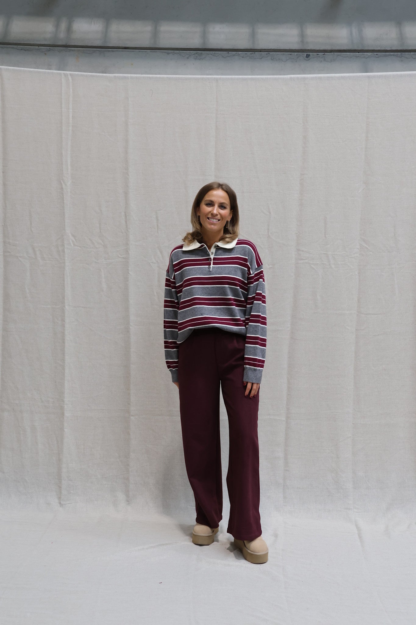 Bieke striped polo grey/burgundy