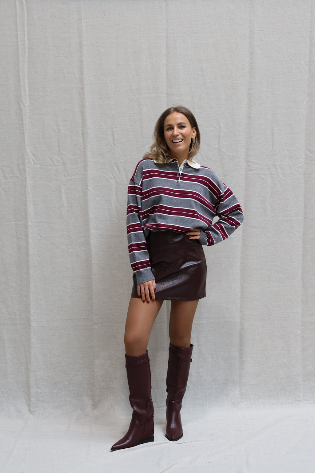 Bieke striped polo grey/burgundy