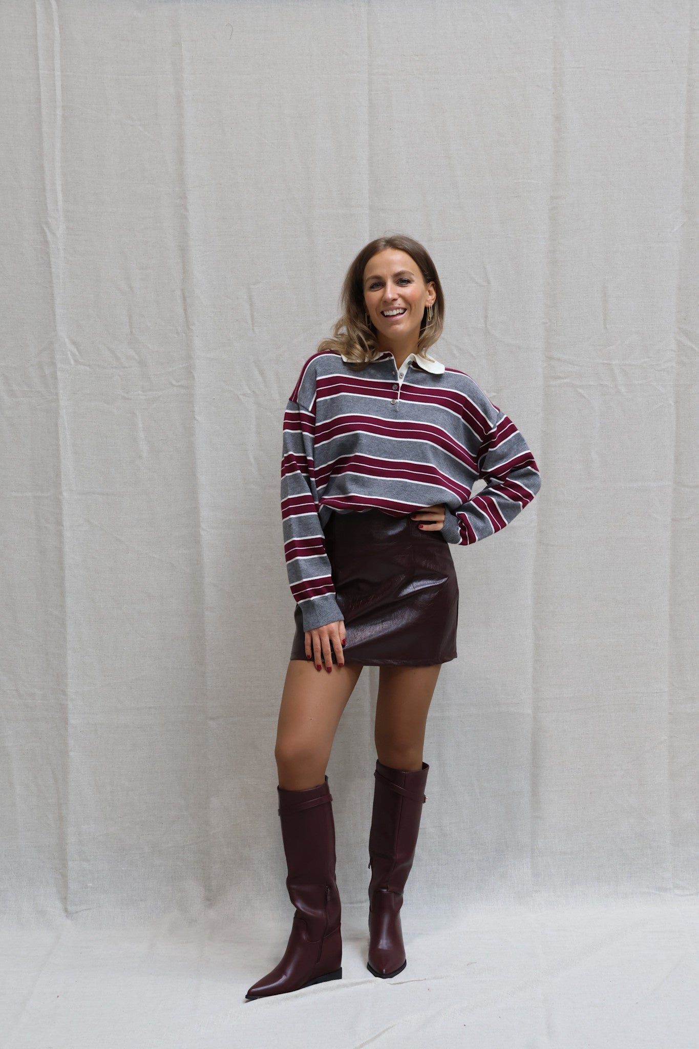 Bieke striped polo grey/burgundy