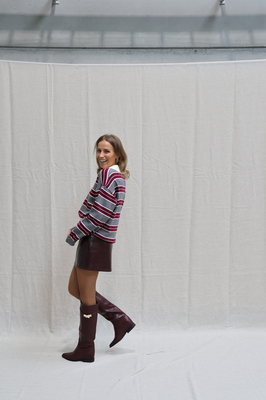 Bieke striped polo grey/burgundy