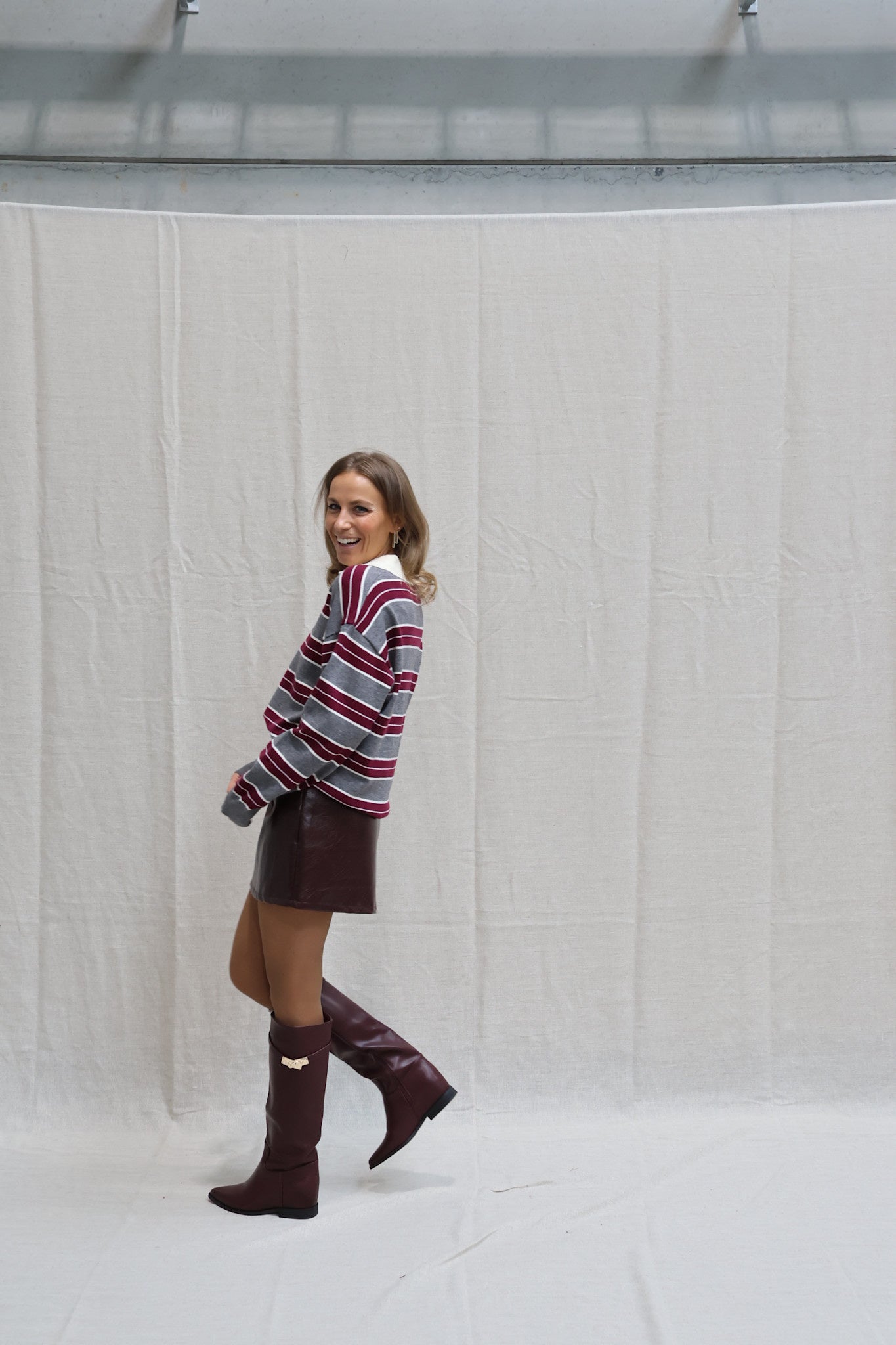 Bieke striped polo grey/burgundy